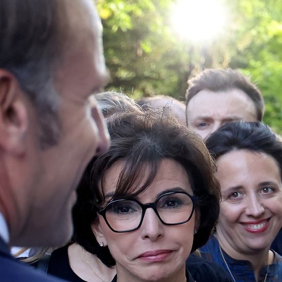 Emmanuel Macron et Rachida Dati - Réception de la France Music Week au Palais de l'Elysée dans le cadre de la Fête de la Musique à Paris le 20 Juin 2025. © Dominique Jacovides/Bestimage