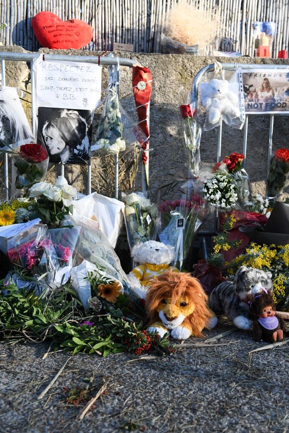 Des sympathisants de Brigitte Bardot déposent des fleurs, des objets représentant des animaux et des lettres à la mémoire de Brigitte Bardot devant sa maison, à Saint-Tropez, France, le 30 décembre 2025. Photo by Florian Poitout/ABACAPRESS.COM