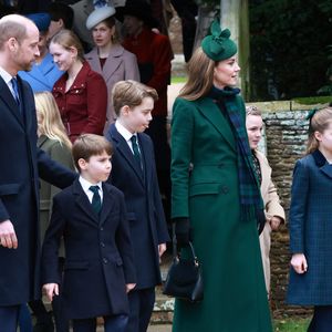 Catherine (Kate) Middleton, princesse de Galles, Prince Louis, Princesse Charlotte, Prince George, Le prince William, prince de Galles - La famille royale britannique se rend à la messe de Noël à Sandringham le 25 décembre 2024.