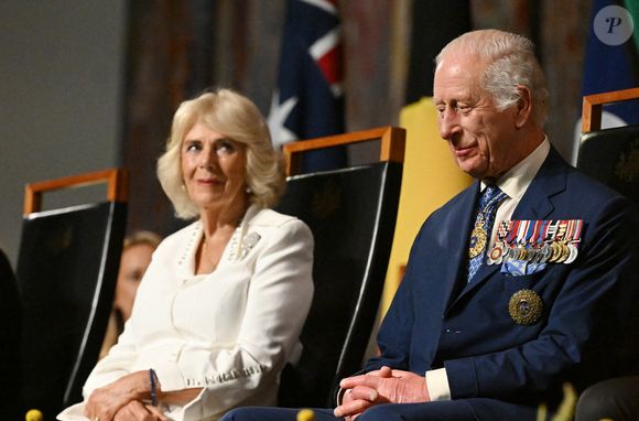 Le roi Charles III et la reine Camilla lors d'un événement au Mémorial australien de la guerre à Canberra, pour commémorer le service et le sacrifice des vétérans des forces de défense australiennes, le deuxième jour de leur visite en Australie et aux Samoa. Lundi 21 octobre 2024. Photo par Victoria Jones/PA Wire/ABACAPRESS.COM