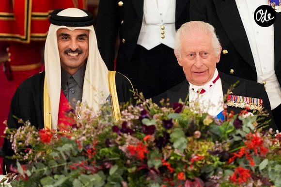 Le roi Charles III d'Angleterre - L'émir du Qatar Tamim ben Hamad Al-Thani et sa femme Jawaher bint Hamad bin Suhaim Al-Thani au dîner d'Etat au palais de Buckingham lors de sa visite d'Etat au Royaume-Uni, le 3 décembre 2024. © Julien Burton / Bestimage