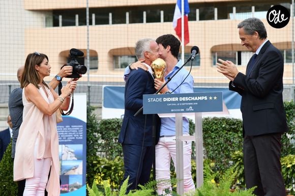Claude, Didier, Dylan Deschamps et Xavier Beck, le maire de Cap d'Ail, durant l'inauguration du Stade de football Didier Deschamps à Cap d'Ail le 12 septembre 2018. © Bruno Bebert / Bestimage