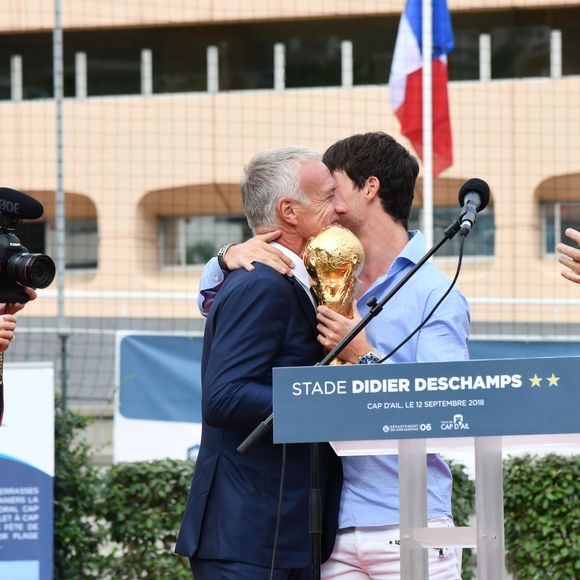 Claude, Didier, Dylan Deschamps et Xavier Beck, le maire de Cap d'Ail, durant l'inauguration du Stade de football Didier Deschamps à Cap d'Ail le 12 septembre 2018. © Bruno Bebert / Bestimage