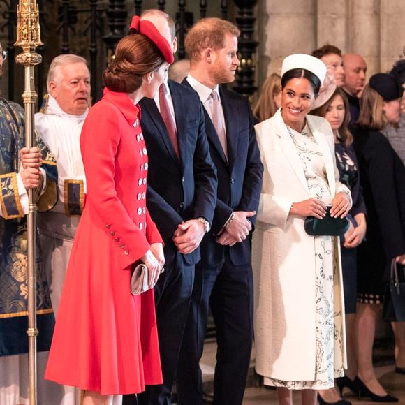 Catherine Kate Middleton, duchesse de Cambridge, le prince William, duc de Cambridge, le prince Harry, duc de Sussex, Meghan Markle, enceinte, duchesse de Sussex lors de la messe en l'honneur de la journée du Commonwealth à l'abbaye de Westminster à Londres le 11 mars 2019. (EXPRESS SYNDICATION / BESTIMAGE).