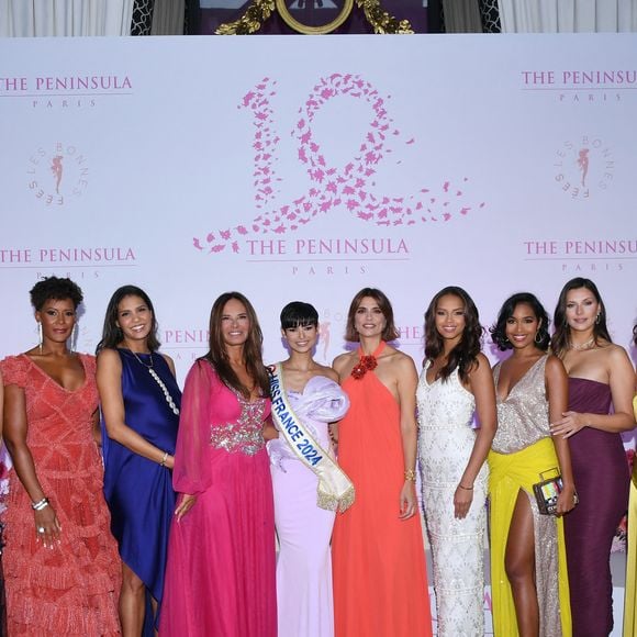 Sylvie Tellier, Sophie Thalmann, Corinne Coman (robe Christophe Guillarmé) , Chloé Mortaud, Nathalie Marquay (robe Christophe Guillarmé) , Eve Gilles, Miss France 2024, Mélody Vilbert, Indira Ampiot, Clémence Botino, Camille Cerf, Mareva Galanter, Maeva Coucke - Photocall du 5ème gala de charité de l'association "Les Bonnes Fées", Paris le 3 octobre 2024. © Coadic Guirec/Bestimage