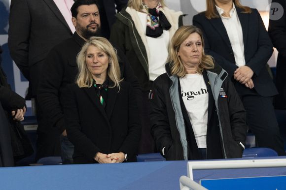 Marie Barsacq, Yaël Braun-Pivet - Célébrités dans les tribunes du quart de finale de la Ligue des Nations de l'UEFA 2025 "France - Croatie (2-0 / tab 5-4)" au Stade de France à Saint-Denis le 23 mars 2025. © Cyril Moreau/Bestimage