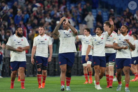 RUGBY : Italie vs France (24_73) - Tournoi des Six 6 VI Nations à Rome - France players celebrate at the end of the Six Nations rugby match between Italy and France at Olimpico stadium in Rome (Italy), February 23, 2025.