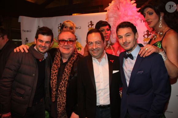 Exclusif - Philippe Gaudin, Michel Michel, Jean-Luc Romero et son mari Christopher Michael - Soirée d'inauguration du Club Banana Café à Paris, le 21 mars 2016. © Philippe Baldini/Bestimage