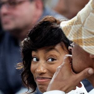 Yannick Noah et sa compagne Malika - Les célébrités en tribunes pendant l'épreuve de basketball de Demi-Finale opposant la France à l'Allemagne lors des Jeux Olympiques de Paris 2024 (JO) à l'Arena Bercy, à Paris, France, le 8 août 2024. © Jacovides-Perusseau/Bestimage