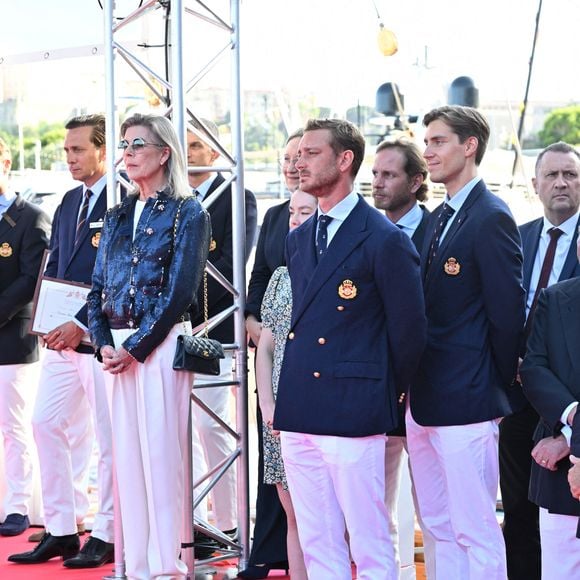 Exclusif - Le prince Albert II de Monaco durant la cérémonie d'intronisation des nouveaux membres du Yacht Club de Monaco, le 17 juin 2024, et la célébration de ses 40 ans de présidence du Yacht Club. Pour l'occasion le prince souverain était accompagné par la princesse Caroline de Hanovre, ses enfants Andréa et Pierre Casiraghi, Alexandra de Hanovre et son compagnon Ben-Sylvester Strautmann. © Bruno Bebert / Bestimage