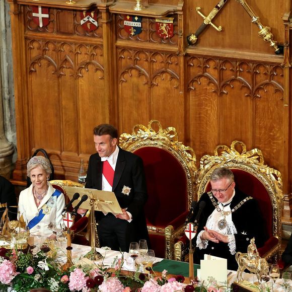 Rachida Dati, Ministre de la Culture, La duchesse de Gloucester, Le président Emmanuel Macron, Alastair King, lord maire de Londres, Brigitte Macron, Le prince Richard, duc de Gloucester lors d’un banquet d’état à Guildhall, Londres le 9 juillet 2025. Le couple présidentiel français est en voyage officiel au Royaume Uni pour trois jours.

© Dominique Jacovides / Bestimage