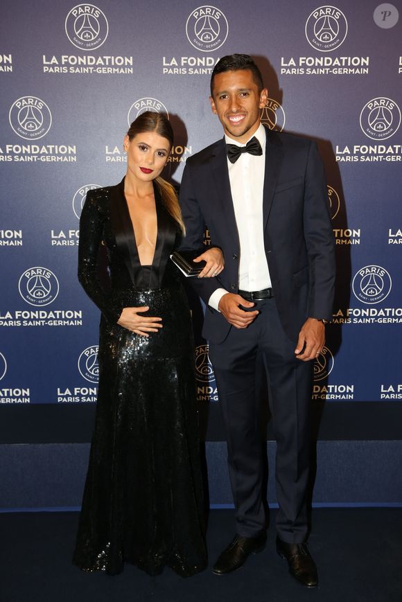 Exclusif - Marquinhos et sa compagne Carol Cabrino - Dîner de gala au profit de la Fondation PSG au Parc des Princes à Paris le 16 mai 2017. © Rachid Bellak/Bestimage