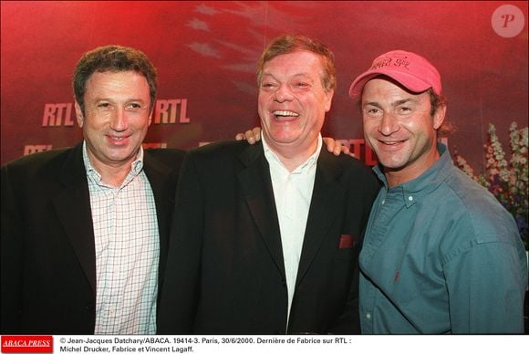 Dernière de Fabrice sur RTL : Michel Drucker, Fabrice et Vincent Lagaf le 30 juin 2000 © Jean-Jacques Datchary/ABACA