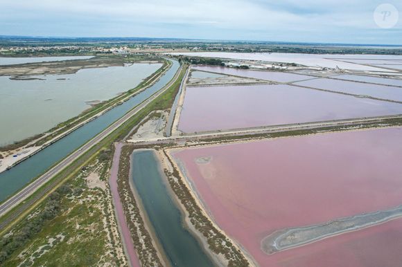 Le sel rose d'Aigues Mortes : un paysage surnaturel en Camargue. Les salines roses qui lui donnent une toute autre dimension. En effet, si l'eau des marais d'Aigues Mortes a la particularité d'être colorée en rose, cela est dû à la présence d'une micro-algue, la Dunaliella Salina, qui prolifère dans les eaux à très forte concentration en sel. Outre ses propriétés antioxydantes, cette algue est très riche en bêta-carotène, un pigment de couleur rouge qui donne à l'eau son incroyable teinte rose. Camargue, France, le 27 avril 2023. Photo par Lionel Urman/ABACAPRESS.COM