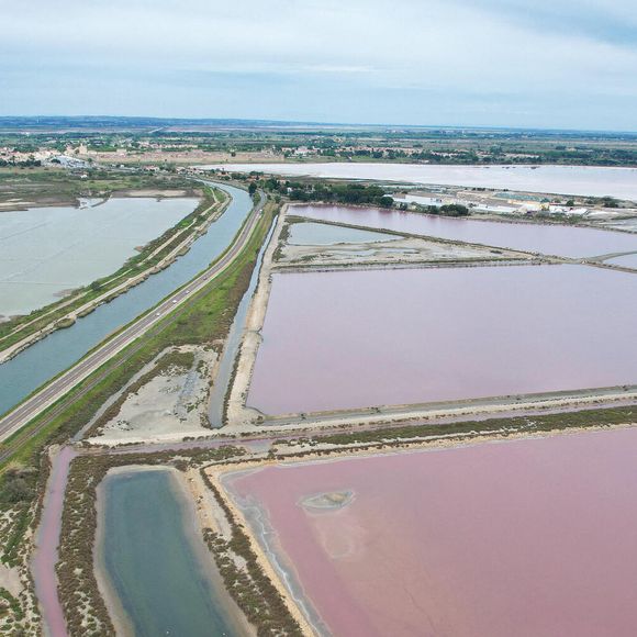 Le sel rose d'Aigues Mortes : un paysage surnaturel en Camargue. Les salines roses qui lui donnent une toute autre dimension. En effet, si l'eau des marais d'Aigues Mortes a la particularité d'être colorée en rose, cela est dû à la présence d'une micro-algue, la Dunaliella Salina, qui prolifère dans les eaux à très forte concentration en sel. Outre ses propriétés antioxydantes, cette algue est très riche en bêta-carotène, un pigment de couleur rouge qui donne à l'eau son incroyable teinte rose. Camargue, France, le 27 avril 2023. Photo par Lionel Urman/ABACAPRESS.COM