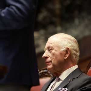 Le roi Charles III d'Angleterre, prononce un discours devant le Parlement italien, en présence de Camilla Parker Bowles, reine consort d'Angleterre, à Rome, le 9 avril 2025. (Mirrorpix / Bestimage).