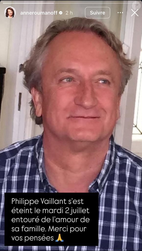 Dans une story Instagram, Anne Roumanoff a rendu hommage à Philippe avec émotion, partageant une photo et remerciant les internautes pour leurs pensées.


Anne Roumanoff a publié une story sur son compte Instagram le 3 juillet 2025.