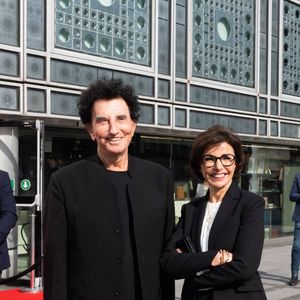 La ministre française de la Culture Rachida Dati avec le président de l'Institut du monde arabe IMA Jack Lang avant de visiter la nouvelle exposition Trésors sauvés de Gaza, organisée par l'Institut du monde arabe IMA le 14 avril 2025. Photo by Jeanne Accorsini/Pool/ABACAPRESS.COM