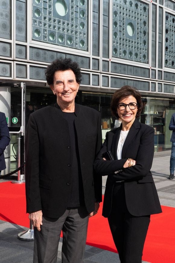 La ministre française de la Culture Rachida Dati avec le président de l'Institut du monde arabe IMA Jack Lang avant de visiter la nouvelle exposition Trésors sauvés de Gaza, organisée par l'Institut du monde arabe IMA le 14 avril 2025. Photo by Jeanne Accorsini/Pool/ABACAPRESS.COM