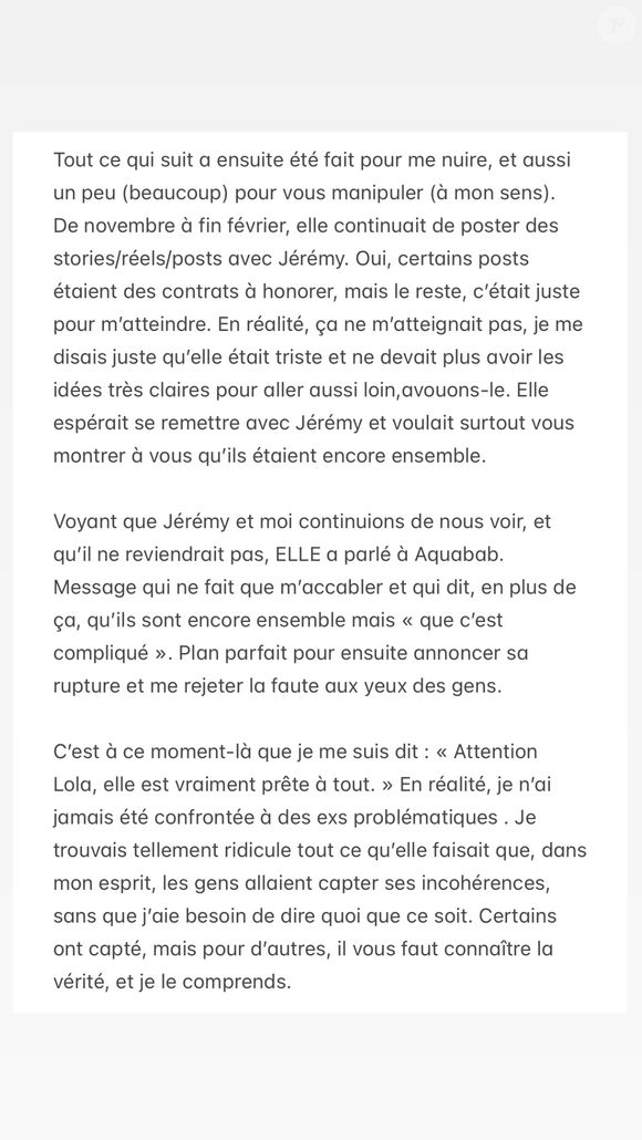 Lola, ancienne aventurière de "Koh-Lanta, s'exprime sur Instagram le 5 août 2025 au sujet de son couple avec Jérémy et de Candice, l'ex de Jérémy.