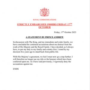 Picture MUST credit:  Royal Communications

The official statement issued by British royal Prince Andrew giving up his titles in the wake of the Jeffrey Epstein scandal.
Ends

Picture supplied by JLPPA