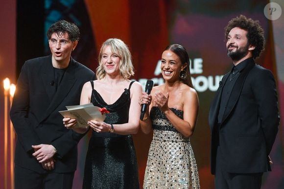 Raphael Quenard, Ludivine Sagnier, Alice Belaidi et William Lebghil sur scène lors de la 50e cérémonie des César qui s'est tenue à l'Olympia le 25 février 2025, à Paris, France. Photo par Aurore Marechal/ABACAPRESS.COM
