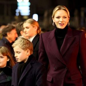 La princesse Charlène de Monaco, la princesse Gabriella de Monaco, comtesse de Carladès et le prince Jacques de Monaco, marquis des Baux, lors de l'embrasement de la barque dans le cadre des célébrations de la Sainte-Dévote, Sainte Patronne de Monaco, le 26 janvier 2024. © Claudia Albuquerque / Bestimage