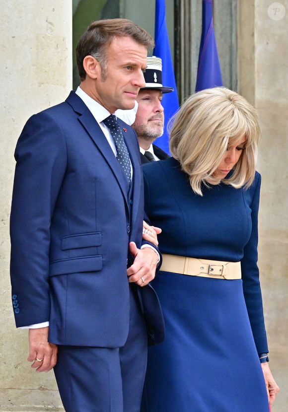 Le président français Emmanuel Macron et Brigitte Macron reçoivent son Altesse Royale le prince héritier du royaume de Jordanie, Hussein ben Abdallah, et sa femme, Son Altesse Royale la princesse Rajwa Al Hussein à l'Elysée, le 8 octobre 2025. 
© Christian Liewig / Bestimage