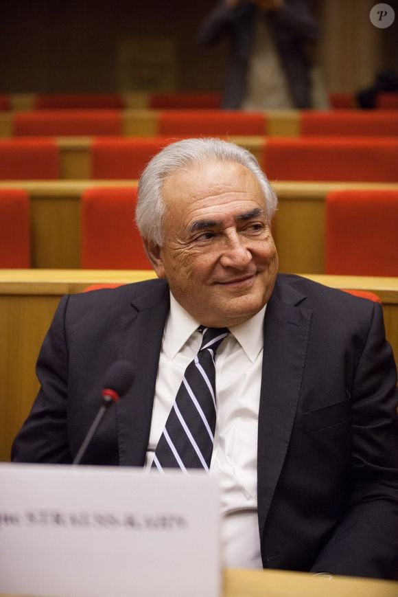 L'ancien directeur du FMI Dominique Strauss-Kahn est entouré de journalistes à son arrivée pour une audition devant une commission d'enquête sur la fuite des capitaux au Sénat français à Paris, le 26 juin 2013.