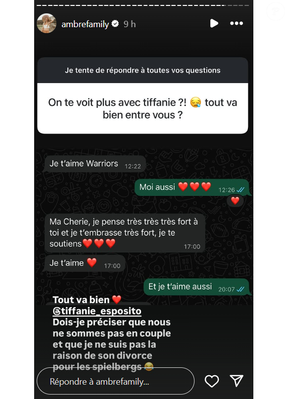 Sur Instagram, elle indique qu'elle n'est pas la raison de la rupture du couple. 

Ambre Dol (Familles nombreuses, la vie en XXL) évoque sa relation avec Tiffanie Esposito et les raisons du divorce de cette dernière avec son époux Olivier, en story sur Instagram le 12 octobre 2025.
