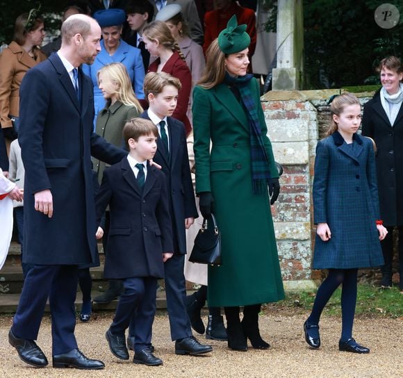 Catherine (Kate) Middleton, princesse de Galles, Prince Louis, Princesse Charlotte, Prince George, Le prince William, prince de Galles - La famille royale britannique se rend à la messe de Noël à Sandringham le 25 décembre 2024.