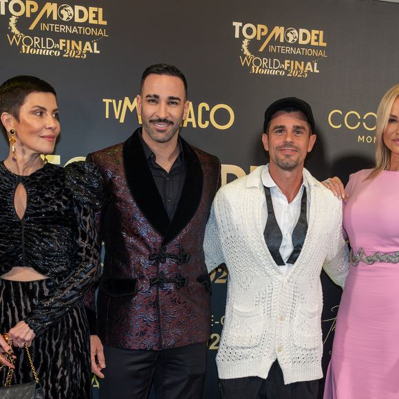 Jeremy Urbain, Adil Rami, Adriana Karembeu, Cristina Cordula, Louana Franco et un membre du jury lors de la 21ème édition du concours de beauté "Top Model International" dans la salle des Étoiles du Sporting de Monte-Carlo, Monaco, le 174 mai 2025. © Martin Bousseau/Bestiamge