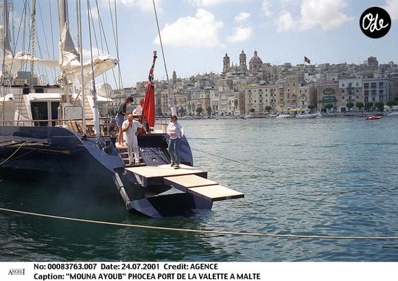 « Mouna Ayoub à bord du Phocea, au large du port de La Valette, à Malte. Photo : Agence / Bestimage. »