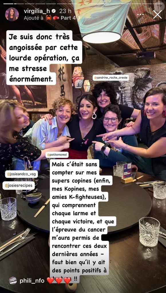 Cette double mastectomie, bien plus invasive que son intervention de juillet 2023, est une étape de plus dans son combat...

Story Instagram de @virgilia_h du dimanche 23 mars 2025.