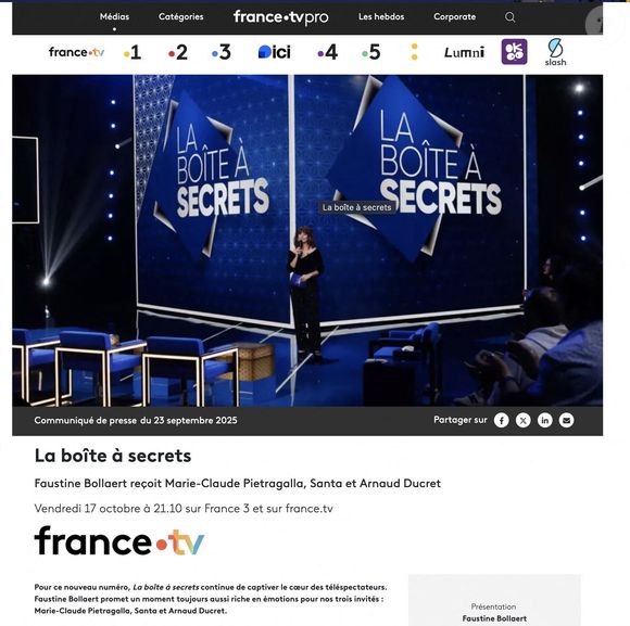 Exclusif - Enregistrement de l'émission "La Boîte à secrets", présentée par Faustine Bollaert et diffusée le 17 octobre sur France 3, dans les studios du Lendit à Saint-Denis, France, le 23 septembre 2025. © Cyril Moreau/Bestimage