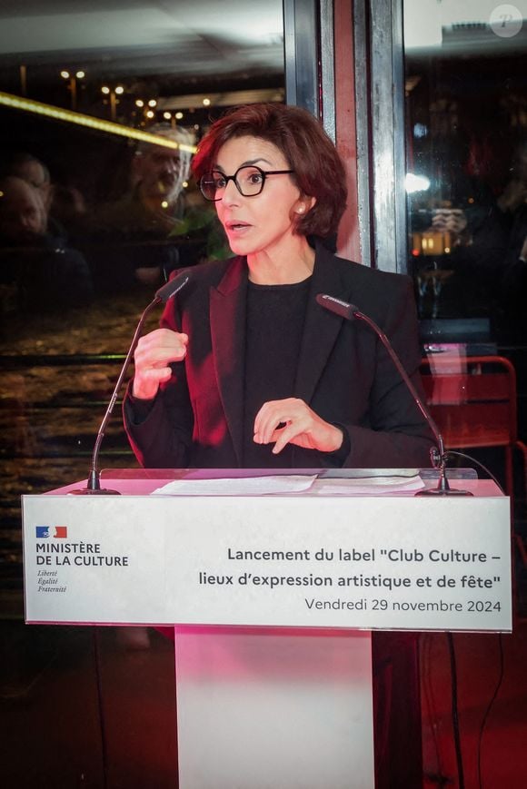 Rachida Dati, ministre de la Culture, lors d’une conférence de presse pour le lancement du Label "Club Culture" (Lieux d'expression artistique et de fête) au Mazette, port de la Rapée à Paris, France, le 29 novembre 2024. © Jack Tribeca/Bestimage