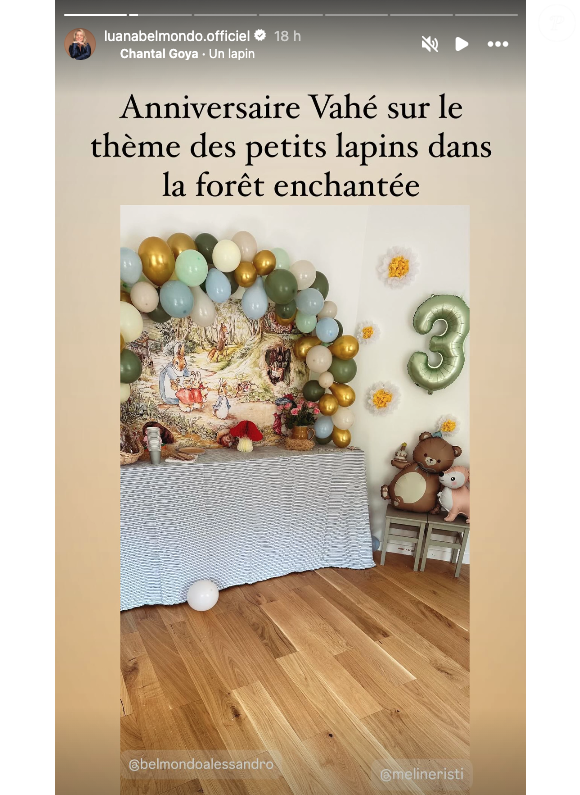 “Anniversaire de Vahé sur le thème des petits lapins dans la forêt enchantée”, écrit Luana Belmondo