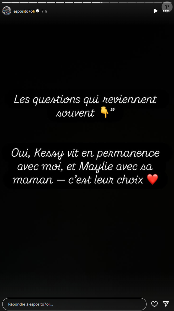 En story sur Instagram, Olivier Esposito explique que les jumelles Kessy et Maylie ont été séparées.

Olivier Esposito (Familles nombreuses) s'exprime plus d'un mois après son divorce avec Tiffanie, le 14 octobre 2025 sur Instagram.