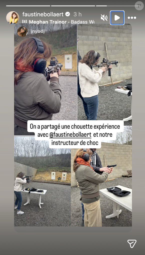 Sur les images, la figure de France Télévisions apparaît bien équipée d'un casque antibruit et est munie d'abord d'une carabine semi-auto puis d'un pistolet semi-automatique. Dans un stand extérieur, elle vise des cibles papier classiques.

Faustine Bollaert s'initie au tir sportif.
