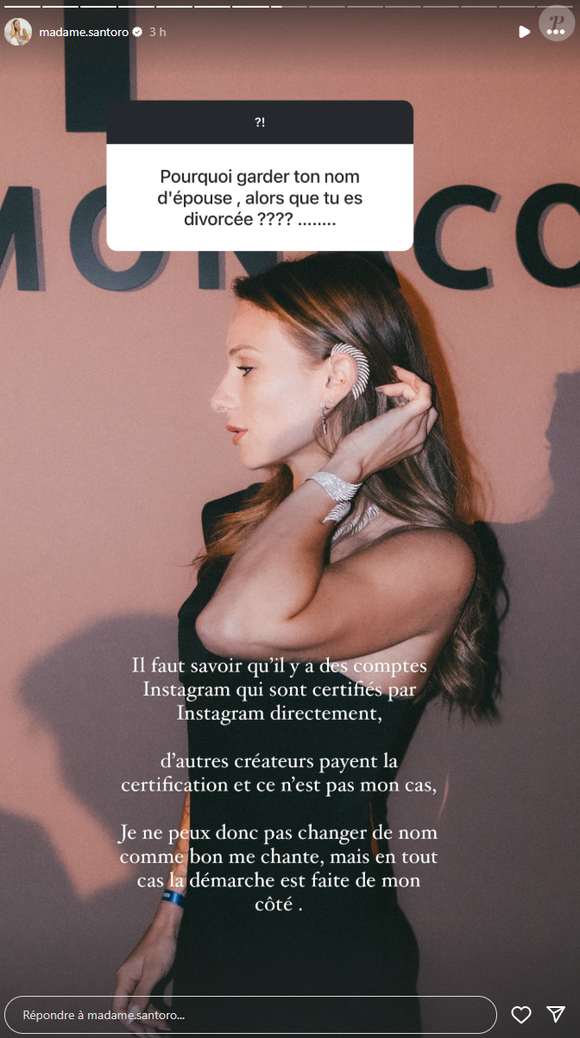 Sur Instagram, elle explique avoir fait la démarche pour changer de nom et patienter.

Camille Santoro confie avoir fait les démarches pour changer de nom après son divorce, sur Instagram le 13 juin 2025.