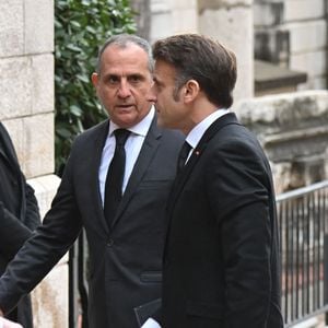 Le président Emmanuel Macron - Obsèques de Didier Guillaume (ancien ministre de l'Agriculture entre 2018 et 2020 et ancien Ministre d'Etat de Monaco 2024–2025) en la cathédrale Notre-Dame-Immaculée de Monaco le 23 janvier 2025. © Bruno Bebert/Bestimage