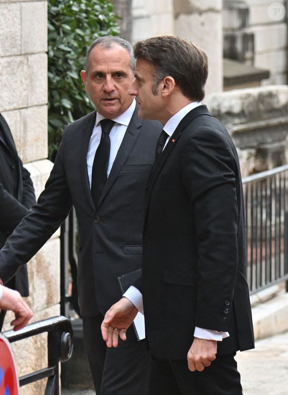 Le président Emmanuel Macron - Obsèques de Didier Guillaume (ancien ministre de l'Agriculture entre 2018 et 2020 et ancien Ministre d'Etat de Monaco 2024–2025) en la cathédrale Notre-Dame-Immaculée de Monaco le 23 janvier 2025. © Bruno Bebert/Bestimage