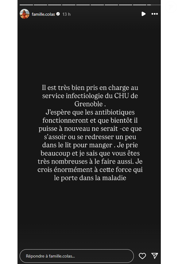Elle indique que son cher et tendre souffre d'une "spondilodiscite infectieuse particulièrement douloureuse".

Delphine Colas (Familles nombreuses) donne des nouvelles de son mari Olivier sur Instagram, mercredi 3 septembre 2025 sur Instagram.