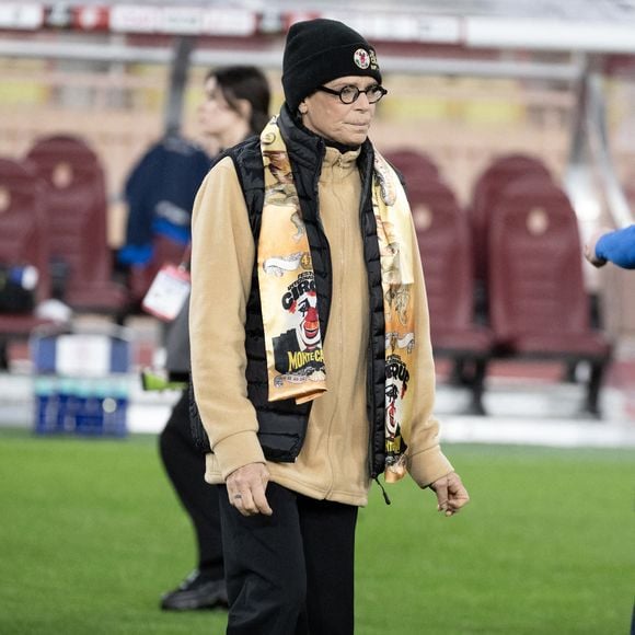 La princesse Stéphanie de Monaco assiste au match de la Fight Aids Cup opposant le Prince Albert de Monaco, équipe des Barbagiuans, à la princesse Stéphanie de Monaco, équipe du Cirque FC Monaco, au stade Louis II, le 22 janvier 2025 à Monaco, Monaco. Photo par David NIVIERE/ABACAPRESS.COM