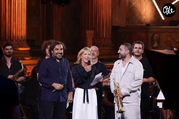 Exclusif - Ibrahim Maalouf, Claire Chazal, André Manoukian, lors de l'enregistrement de l'émission "Le Grand Echiquier - Méditerrannée" présentée par A.Manoukian et C.Chazal et diffusée le 2 juillet 2026 sur France 2, à Versailles, France, le 1er juillet 2025. © Jack Tribeca/Bestimage
