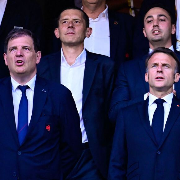 Florian Grill ( president FFR ) et Emmanuel Macron lors de la finale du Top 14 de rugby français entre le Stade Toulousain (Toulouse) et l'Union Bordeaux-Begles (UBB) au Stade de France à Saint-Denis. Le 28 juin 2025. © Dante Badano/PsnewZ/Bestimage