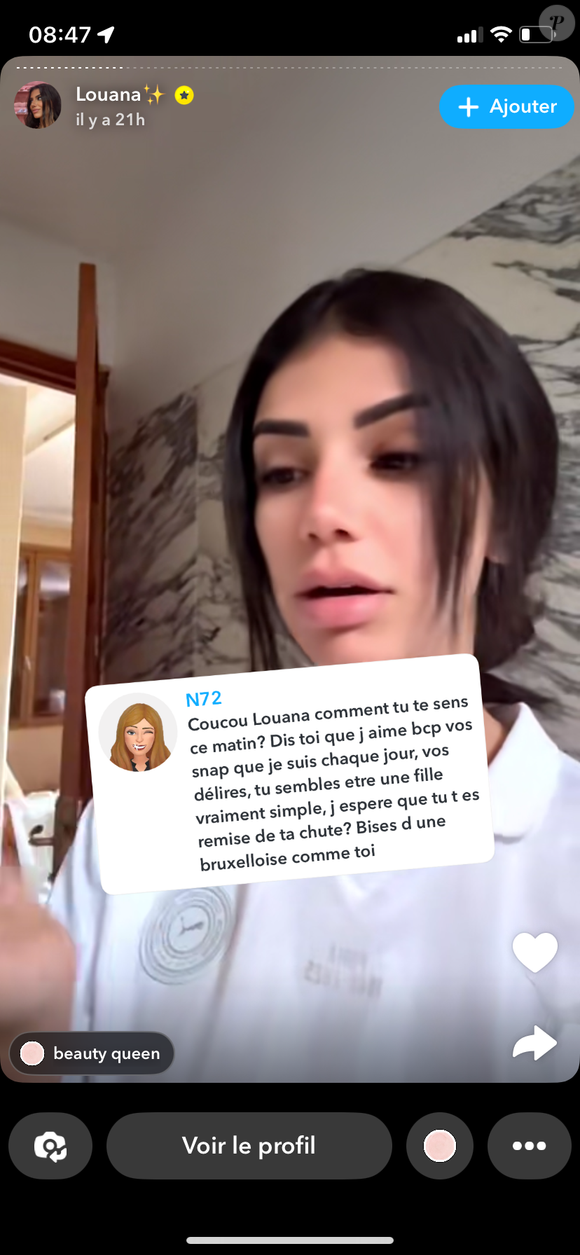 En outre, Louana se retrouve quelque peu contusionnée de partout mais aucune séquelle n'est à déplorer. 

Louana Franco révèle avoir perdu beaucoup de cheveux suite à son accident à cheval au Maroc. Snapchat