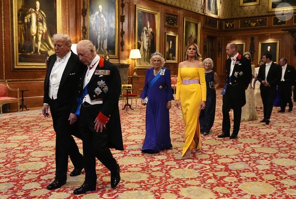 Donald J. Trump (président des Etats-Unis) et la Première dame Melania Trump, le roi Charles III d'Angleterre et Camilla Parker Bowles, reine consort d'Angleterre, le prince William, prince de Galles, et Catherine (Kate) Middleton, princesse de Galles, lors du banquet d'Etat au chateau de Windsor en l'honneur de la visite officielle de président Donald Trump et de la Première dame Melania au Royaume-Uni - le 17 septembre 2025
© Aaron Chown/WPA-Pool