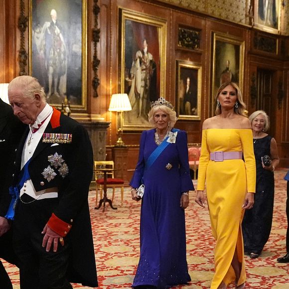 Donald J. Trump (président des Etats-Unis) et la Première dame Melania Trump, le roi Charles III d'Angleterre et Camilla Parker Bowles, reine consort d'Angleterre, le prince William, prince de Galles, et Catherine (Kate) Middleton, princesse de Galles, lors du banquet d'Etat au chateau de Windsor en l'honneur de la visite officielle de président Donald Trump et de la Première dame Melania au Royaume-Uni - le 17 septembre 2025
© Aaron Chown/WPA-Pool