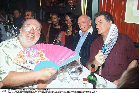 Carlos, Eddy Mitchell et Addie Barclay à l'anniversaire d'Yban Dreplin le 22 septmbre 2003. Photo par JOKER / BESTIMAGE